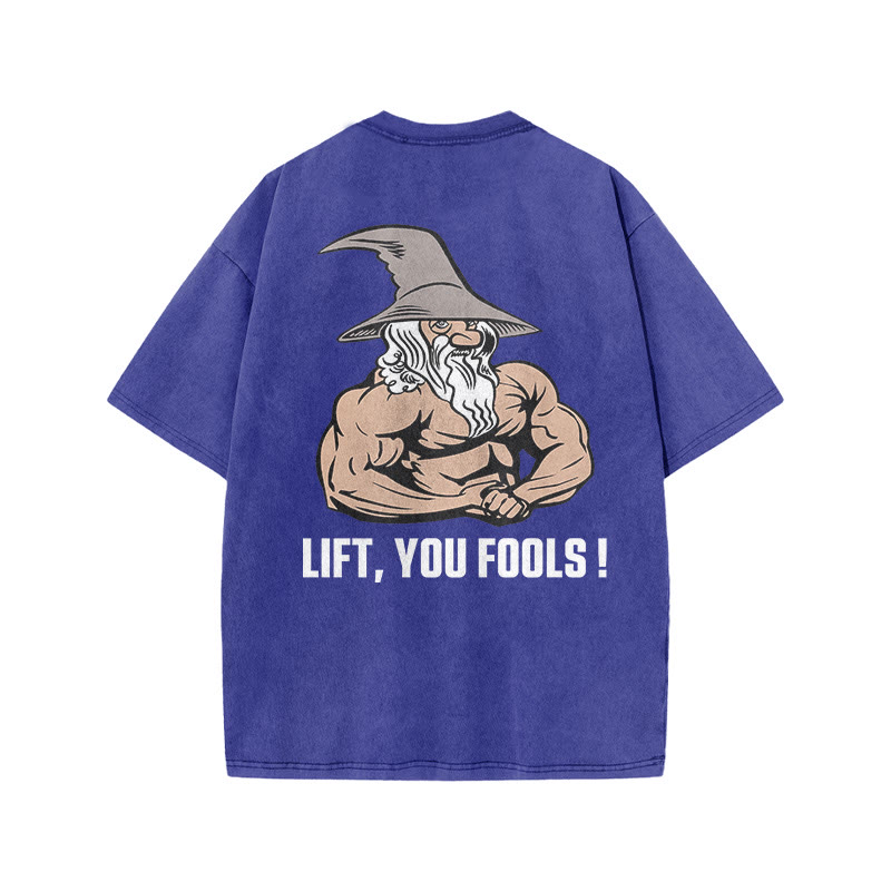 100% Cotton Lift, You Fools! Gym Print Acid Washed T-shirt - Blue - US20-22(3XL) - image 7
