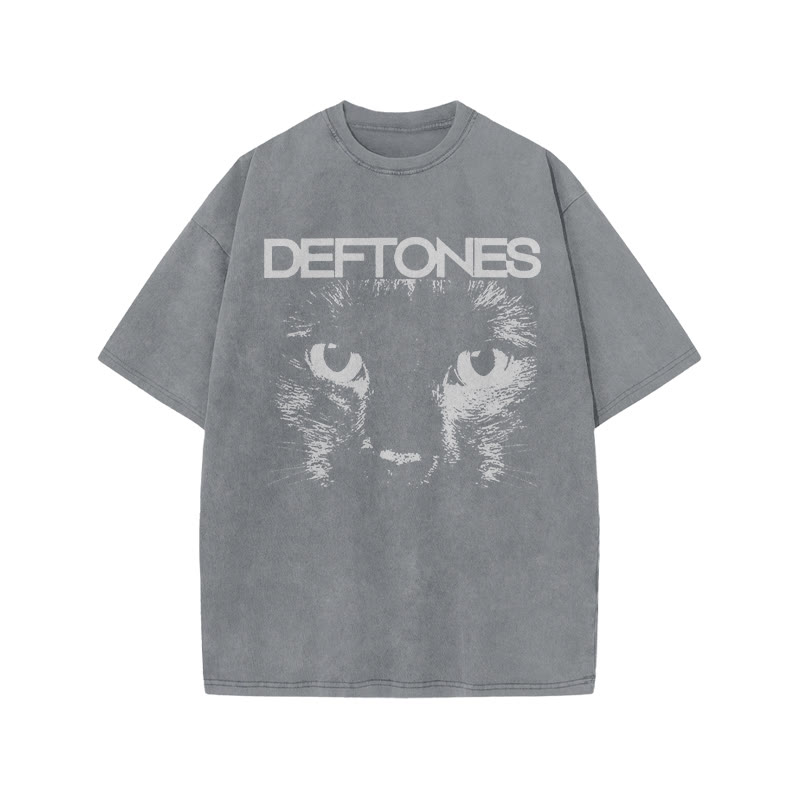 Unisex 100% Cotton Deftones Cat Print Acid Washed T-shirt - Grey - US20-22(3XL) - image 3