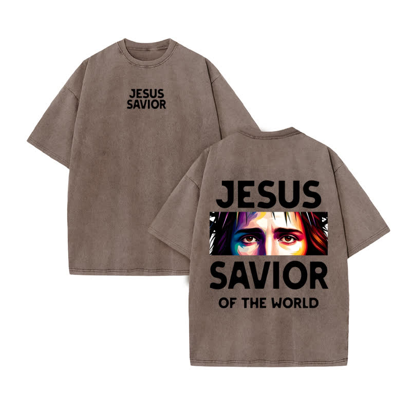 Unisex 100% Cotton Jesus Savior Print Acid Washed T-shirt - Coffee - US20-22(3XL) - image 4