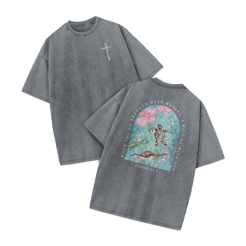 When You Go Through Deep Waters, I Will Be With You Print Acid Washed T-shirt - Grey - US20-22(3XL) - image 3