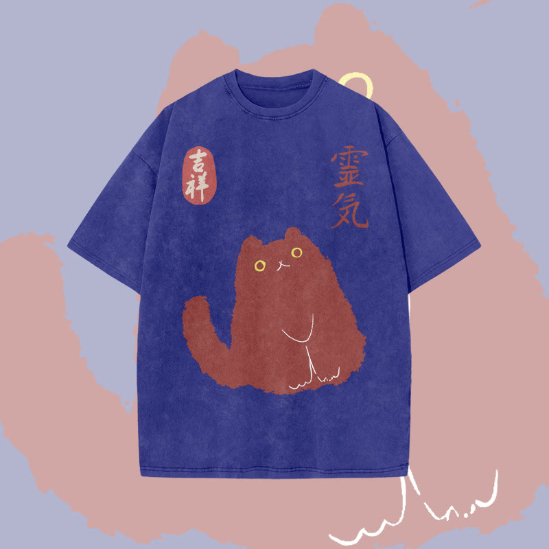 Unisex 100% Cotton Lucky Cat Japanese Print Acid Washed T-shirt