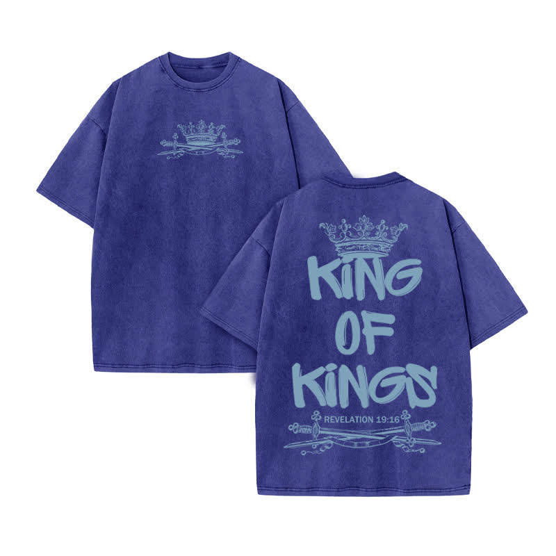 Unisex 100% Cotton King Of Kings Crown Saber Print Acid Washed T-shirt - Blue - US20-22(3XL) - image 10