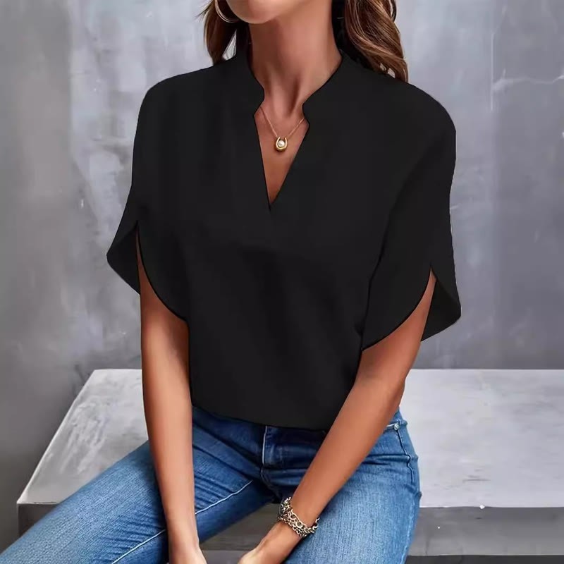 Elegant Solid Tulip Hlaf-sleeves V-neck Blouse - Black - 2XL - image 3