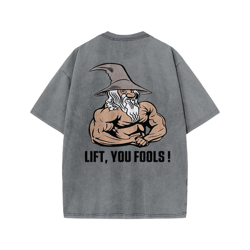 100% Cotton Lift, You Fools! Gym Print Acid Washed T-shirt - Grey - US20-22(3XL) - image 4
