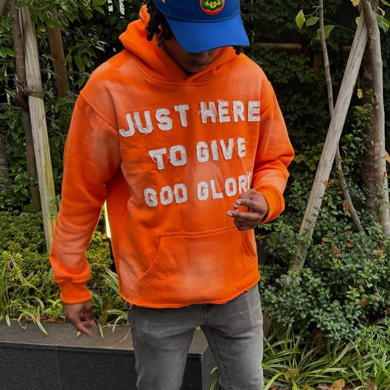 Street Style Just Here To Give God Glory Cross-letter Patch Embroidered Loose Unisex Hoodie