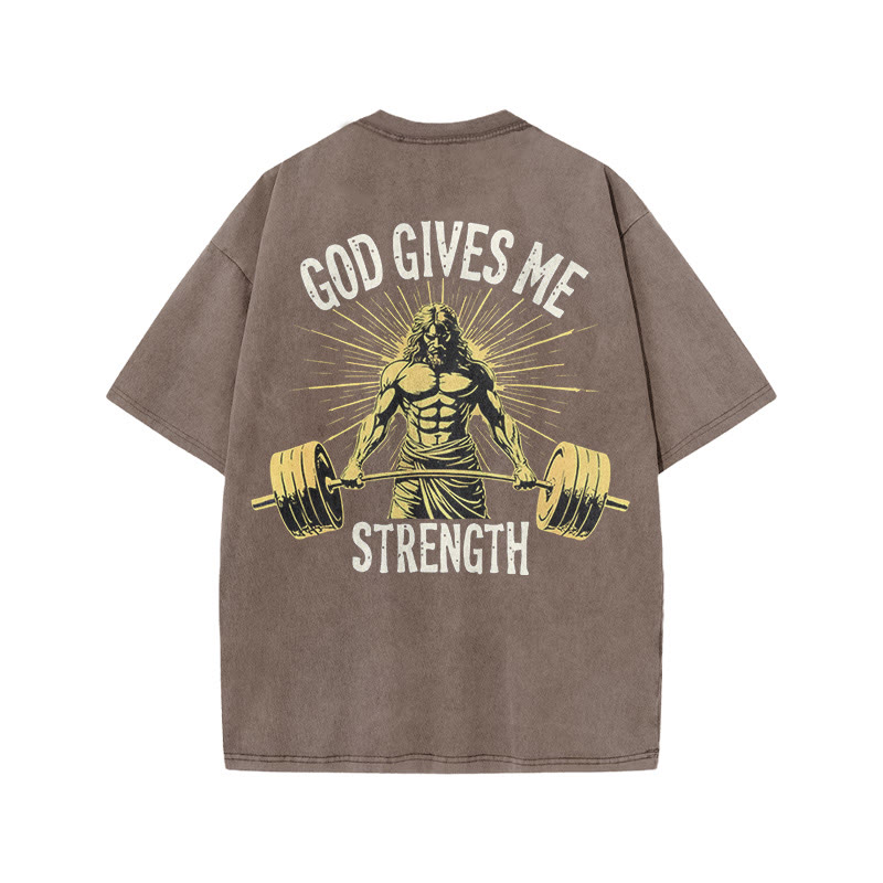 Gym 100% Cotton GOD GIVES ME STRENGTH Print Acid Washed T-shirt - Coffee - US20-22(3XL) - image 5