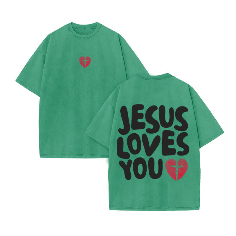 Unisex 100% Cotton JESUS LOVES YOU Love Fingerprint Print Acid Washed T-shirt - Green - US20-22(3XL) - image 7