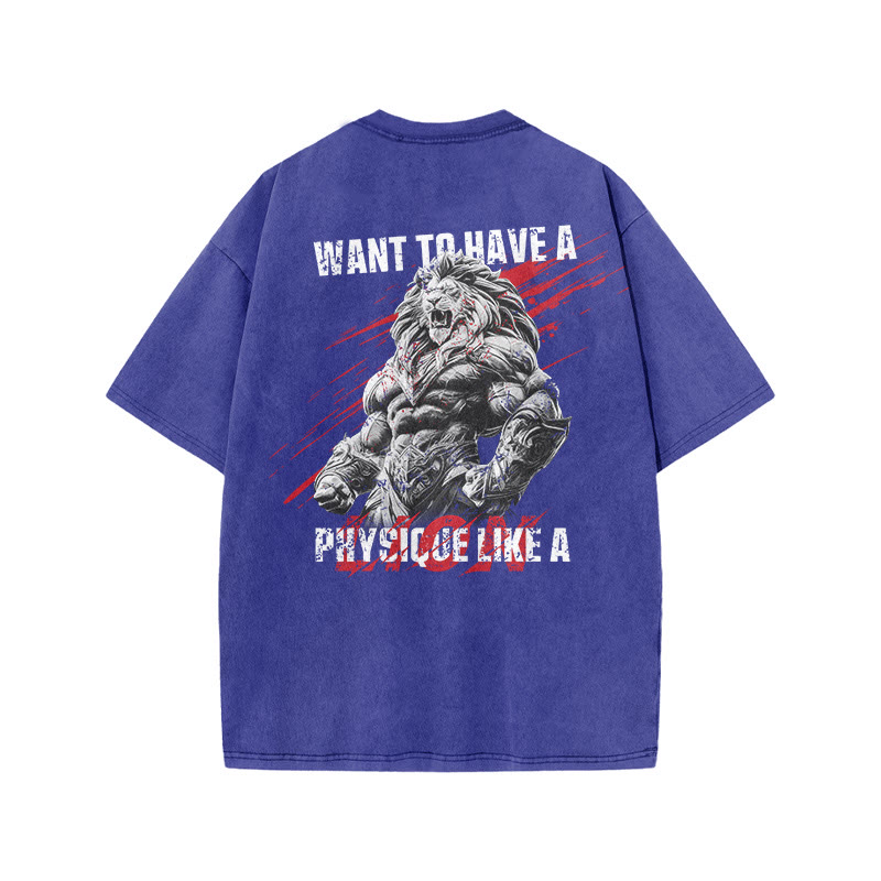 100% Cotton Want To Have A Physique Like Gym Print Acid Washed T-shirt - Blue - US20-22(3XL) - image 7