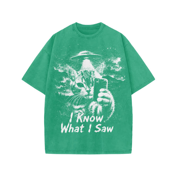I Know What I Saw Cat Print Washed T-Shirt - Green - US20-22(3XL) - image 5