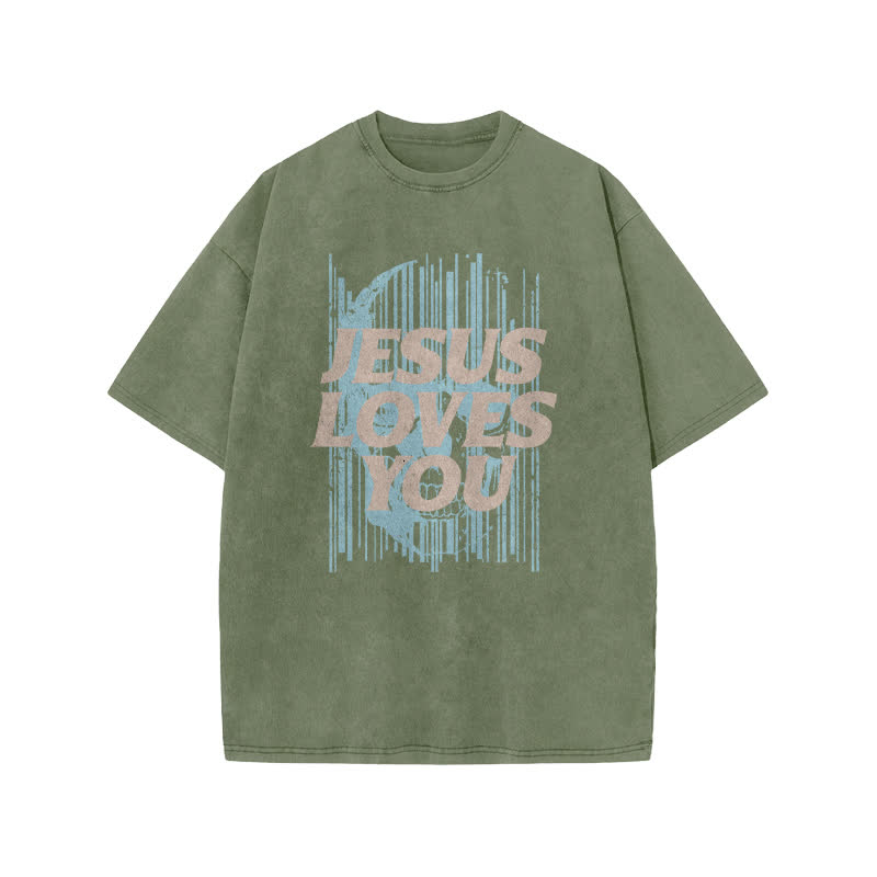 Unisex Cute Jesus Love Transcends All Print Acid Washed T-shirt - Army Green - US20-22(3XL) - image 5