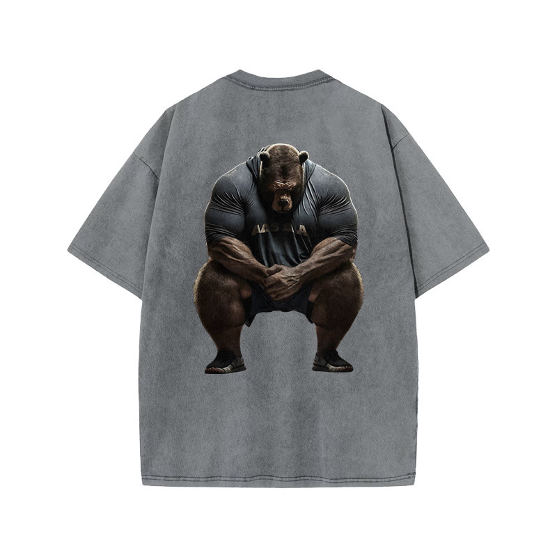 100% Cotton Silent Strong Muscle Bear Gym Print Acid Washed T-shirt - Grey - US20-22(3XL) - image 4