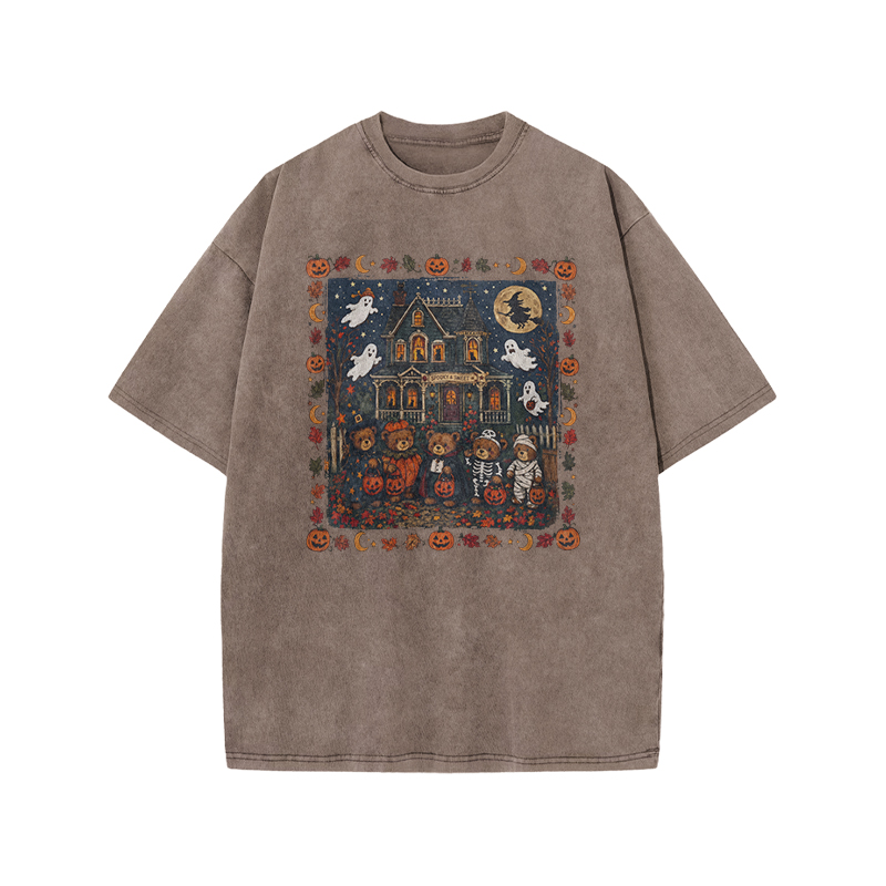 Halloween Haunted House Print Acid Washed T-Shirt - Coffee - US20-22(3XL) - image 4
