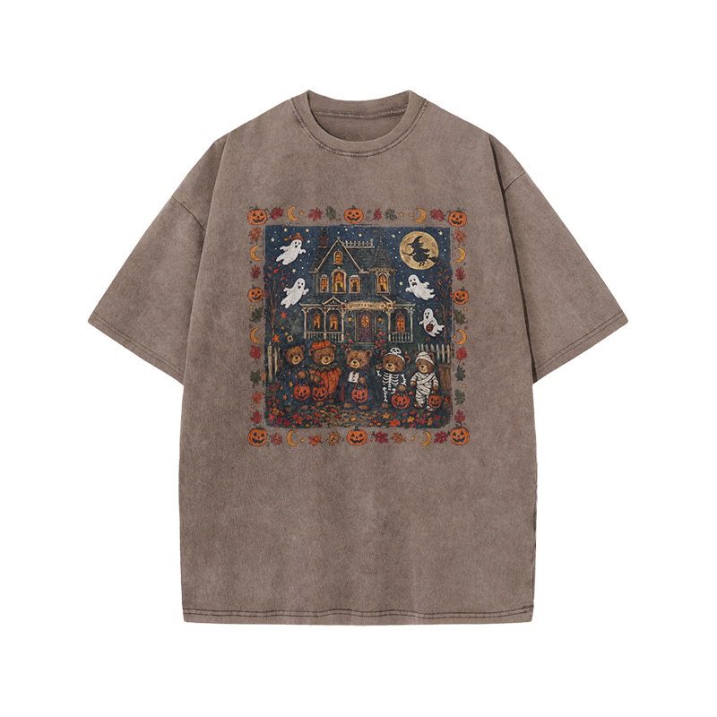  Halloween Haunted House Print Acid Washed T-Shirt - Coffee - US20-22(3XL) - image 4