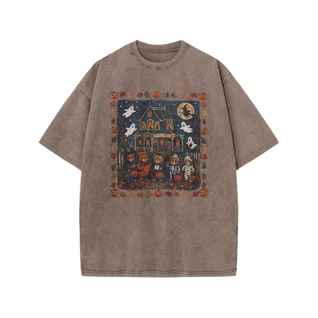  Halloween Haunted House Print Acid Washed T-Shirt - Coffee - US20-22(3XL) - image 4