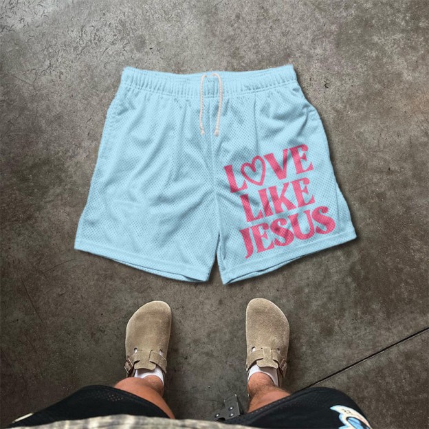 Love Like Jesus Valentine's Day Print Mesh Shorts - Blue - 5XL - image 6