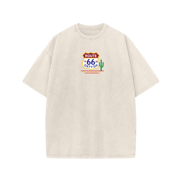 Vintage Route 66 Cactus Graphic Print Acid Washed T-shirt - Beige - US20-22(3XL) - image 5