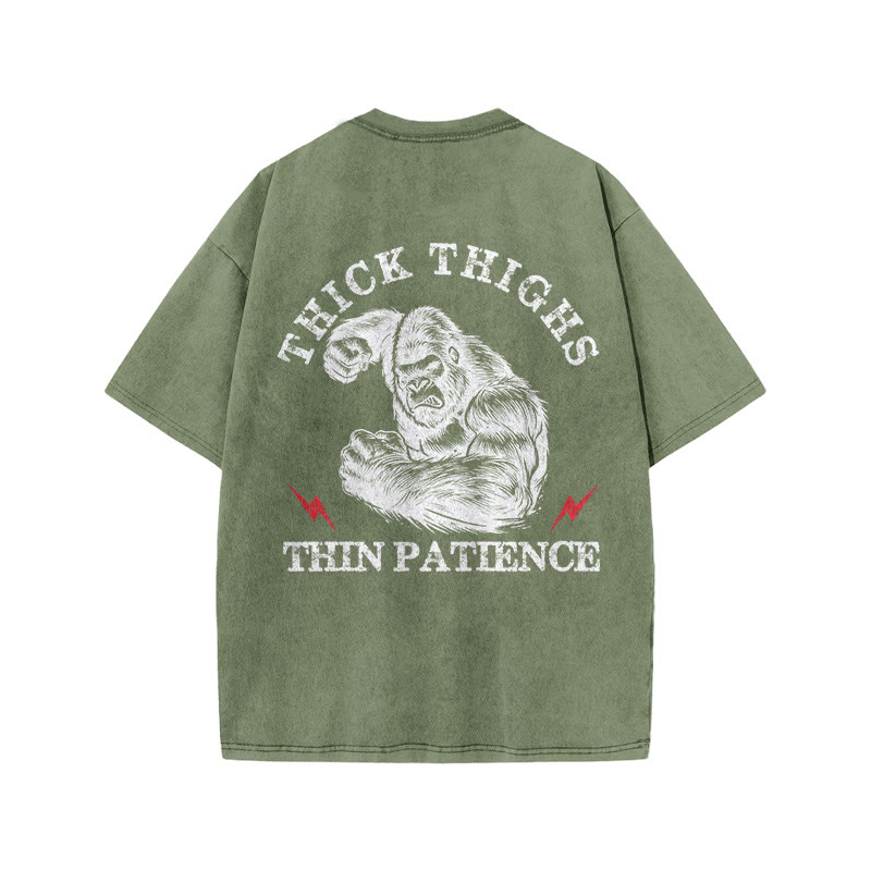 100% Cotton Thick Thighs Thin Patience Gym Print Acid Washed T-shirt - Army Green - US20-22(3XL) - image 7