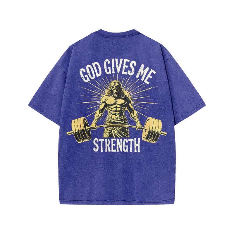 Gym 100% Cotton GOD GIVES ME STRENGTH Print Acid Washed T-shirt - Blue - US20-22(3XL) - image 7