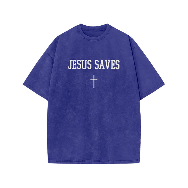 Jesus Saves Cross Print Acid Washed T-shirt - Blue - US20-22(3XL) - image 9