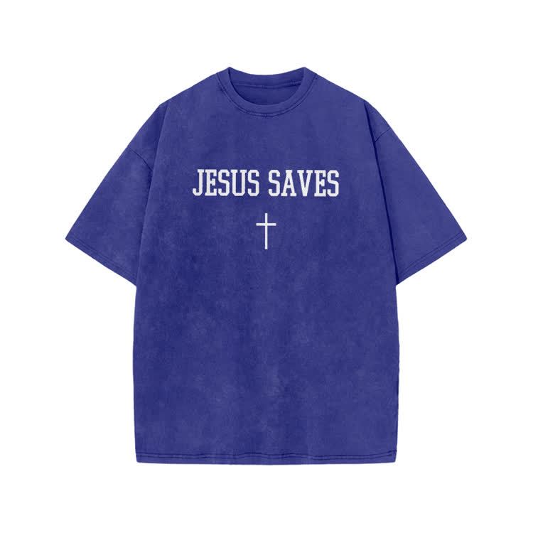 Jesus Saves Cross Print Acid Washed T-shirt - Blue - US20-22(3XL) - image 9