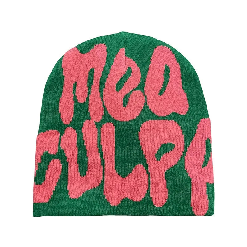 Mea Culpa Pattern Knit Hat - Green Pink - one size - image 26