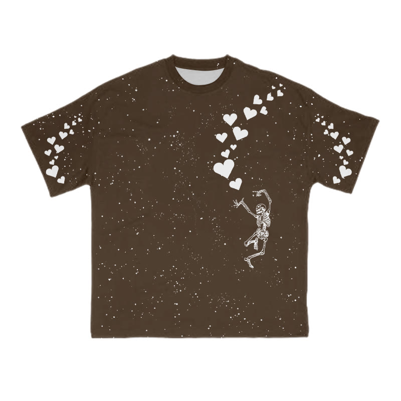 Unisex Dancing Skeleton Heart Print T-shirt - Coffee - 8XL - image 7