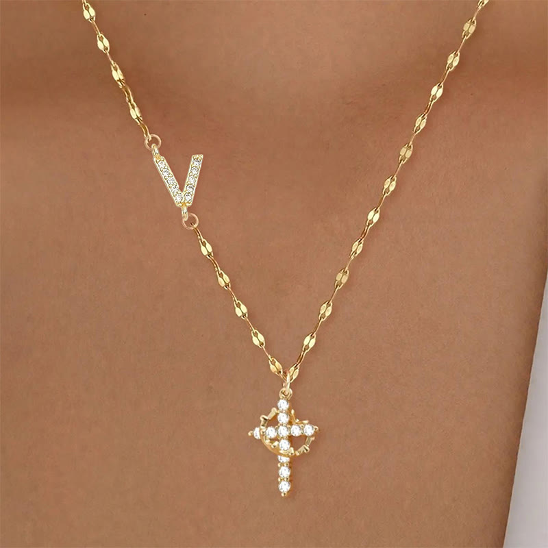 Rhinestone Letter Cross Pendant Necklace - V - one size - image 26