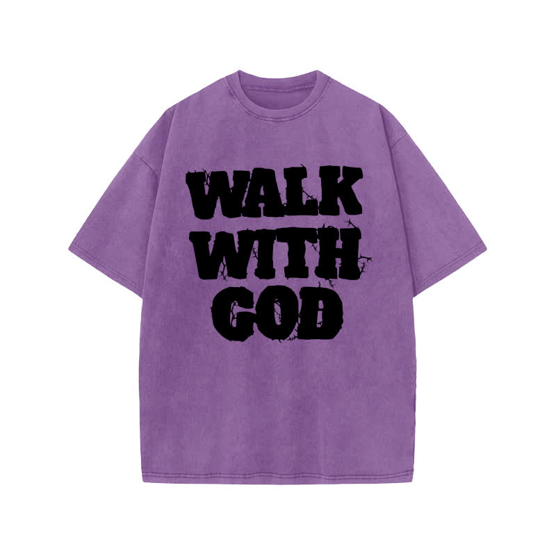 Unisex 100% Cotton Walk With God Thorn Lines Print Acid Washed T-shirt - Purple - US20-22(3XL) - image 9