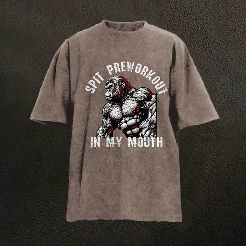 100% Cotton Spit Preworkout In My Mouth Gym Print Acid Washed T-shirt - Coffee - US20-22(3XL) - image 3
