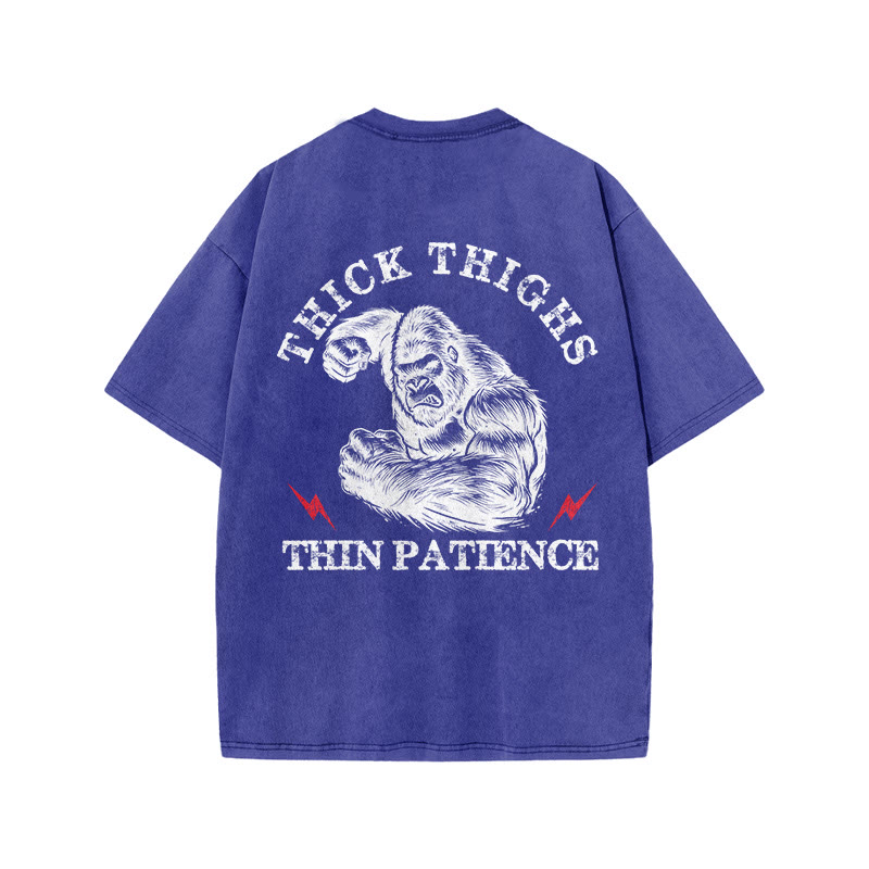 100% Cotton Thick Thighs Thin Patience Gym Print Acid Washed T-shirt - Blue - US20-22(3XL) - image 8