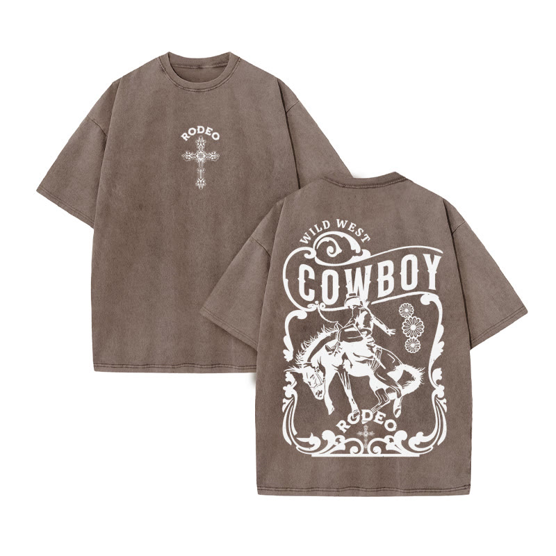 Unisex 100% Cotton RODEO Western Style Print Acid Washed T-shirt