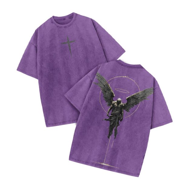 Vintage Angel Halo Graphic Print Acid Washed T-shirt - Purple - US20-22(3XL) - image 8