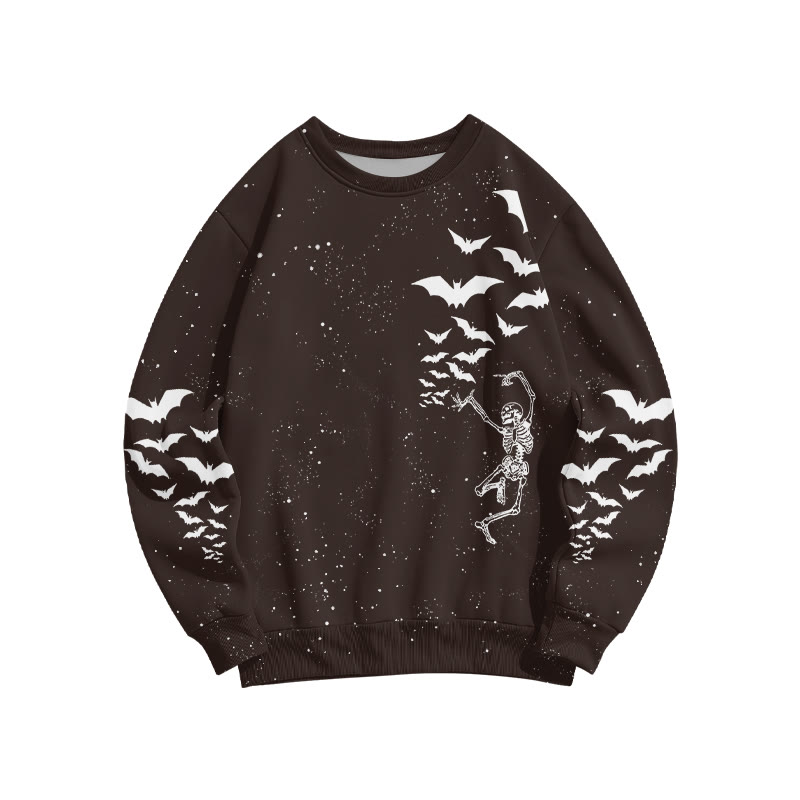 Unisex Dancing Skeleton Bat Halloween Print Sweatshirt - Coffee - 6XL - image 4
