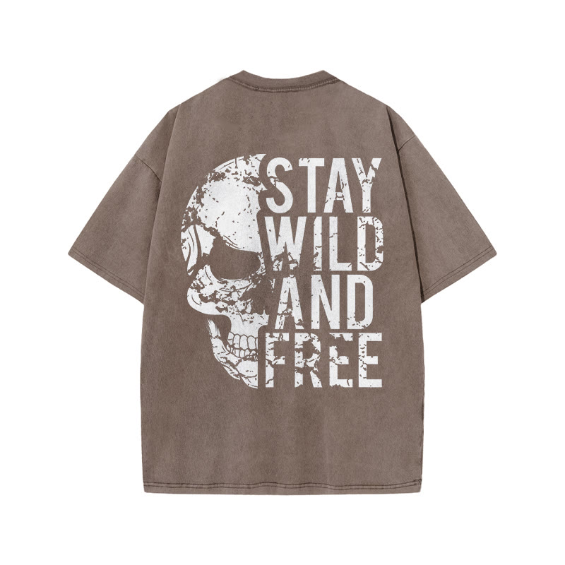 100% Cotton Stay Wild And Free Gym Print Acid Washed T-shirt - Coffee - US20-22(3XL) - image 5