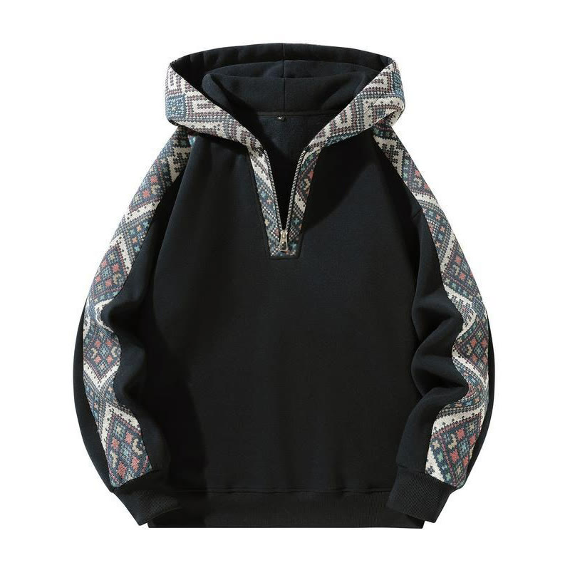 Retro Ethnic Patchwork Half Zip Hoodie - Black - US32-34(5XL) - image 4