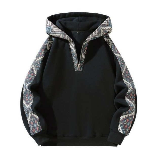 Retro Ethnic Patchwork Half Zip Hoodie - Black - US32-34(5XL) - image 4