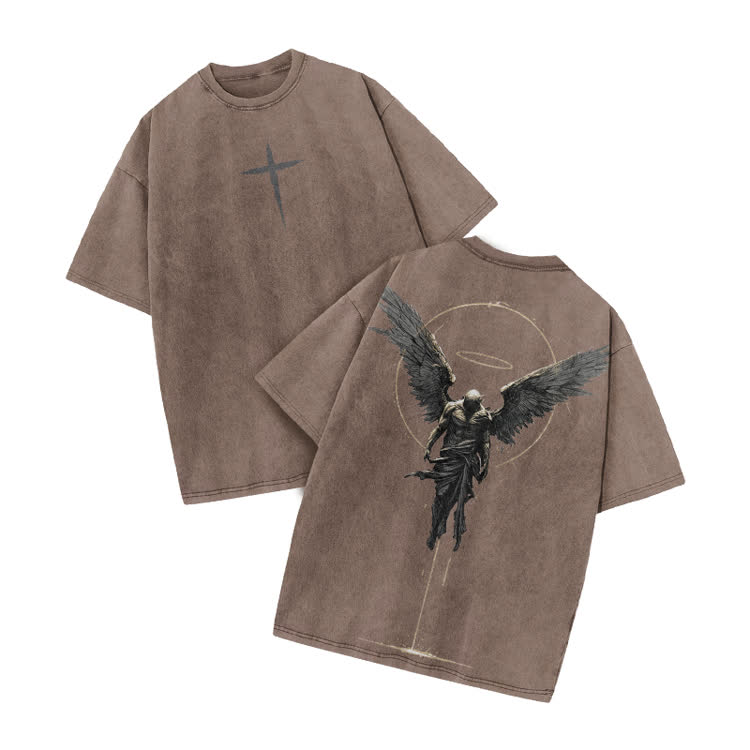 Vintage Angel Halo Graphic Print Acid Washed T-shirt - Coffee - US20-22(3XL) - image 5