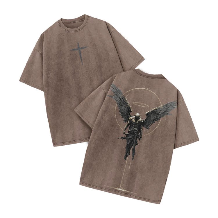 Vintage Angel Halo Graphic Print Acid Washed T-shirt - Coffee - US20-22(3XL) - image 5