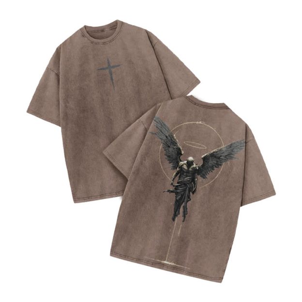 Vintage Angel Halo Graphic Print Acid Washed T-shirt - Coffee - US20-22(3XL) - image 5