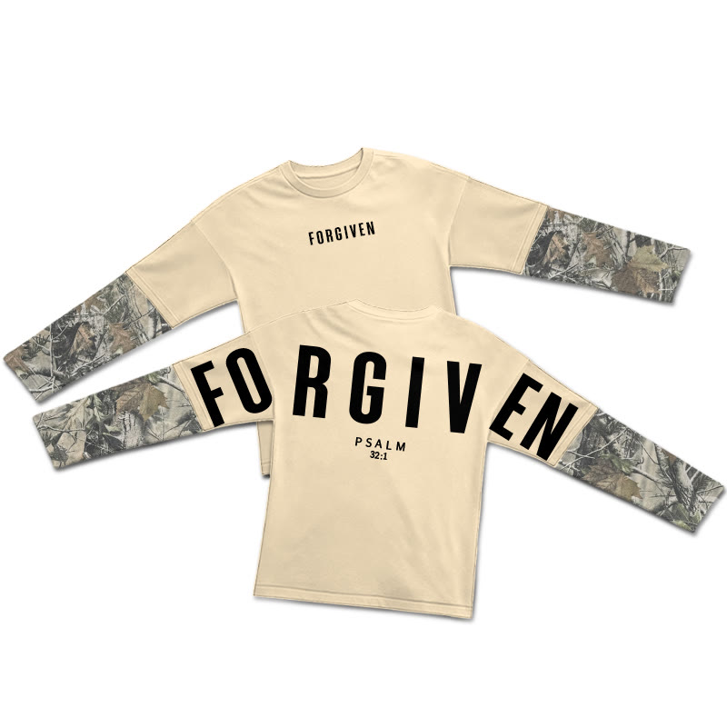 Forgiven Psalm 32:1 Dead Leaves Camouflage Patchwork Print Layered-style T-shirt - Apricot - 5XL - image 3
