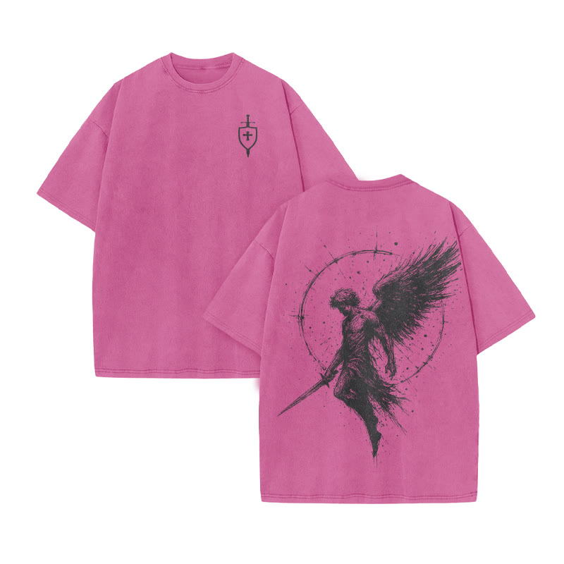 Unisex 100% Cotton Archangel Michael Print Acid Washed T-shirt - Pink - US20-22(3XL) - image 6