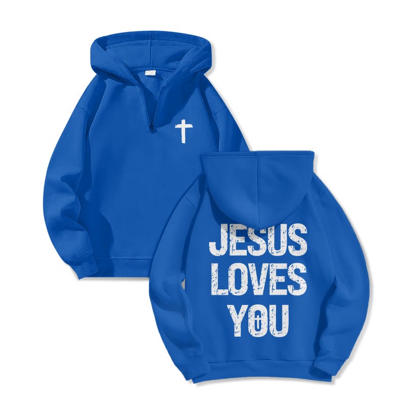 Jesus Loves You Print Half Zip Hoodie - Blue - US32-34(5XL) - image 4