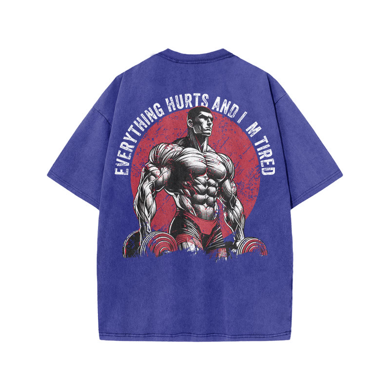 Gym 100% Cotton Everything Hurts And I'm Tired Print Acid Washed T-shirt - Blue - US20-22(3XL) - image 7
