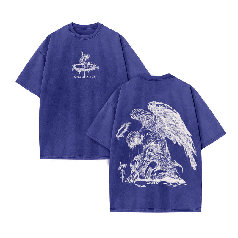 Unisex 100% Cotton Flower Of Hope King Of Kings Print Acid Washed T-shirt - Blue - US20-22(3XL) - image 10