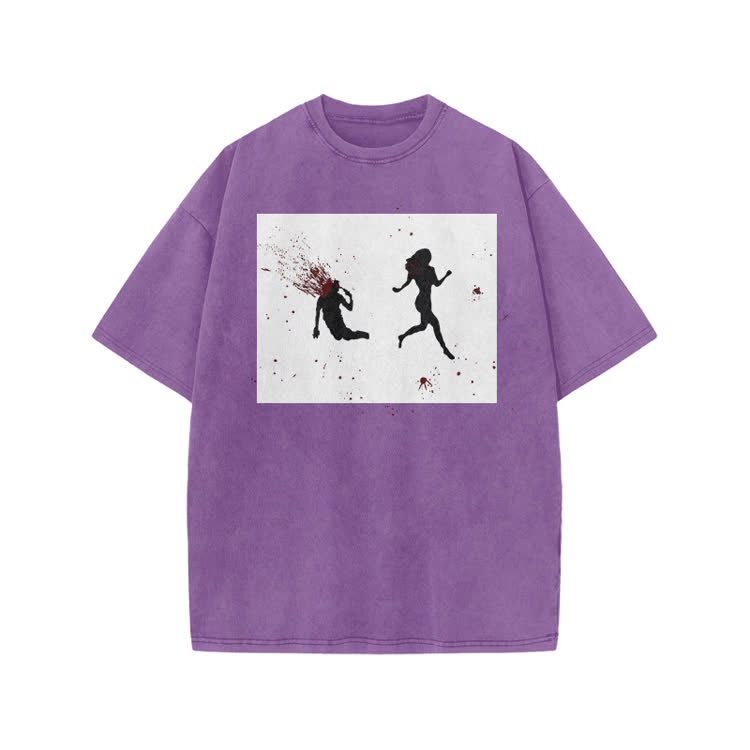 “Run Away”Girl Graphic Print Acid Washed T-shirt - Purple - US20-22(3XL) - image 4