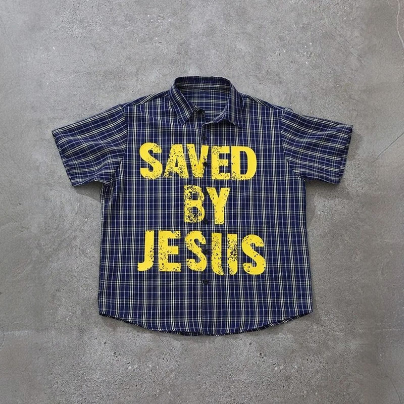 Unisex Saved By Jesus Contrast Plaid Print Short-sleeved Shirt - Navy Blue - 5XL - image 4