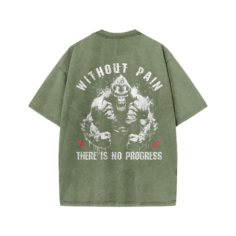 100% Cotton Without Pain There Is No Progress Gym Print Acid Washed T-shirt - Army Green - US20-22(3XL) - image 7