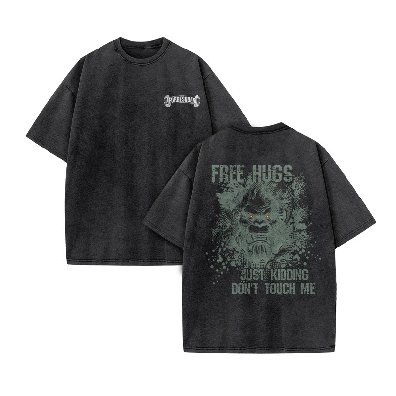 100% Cotton Free Hugs Gym Print Acid Washed T-shirt - image 4