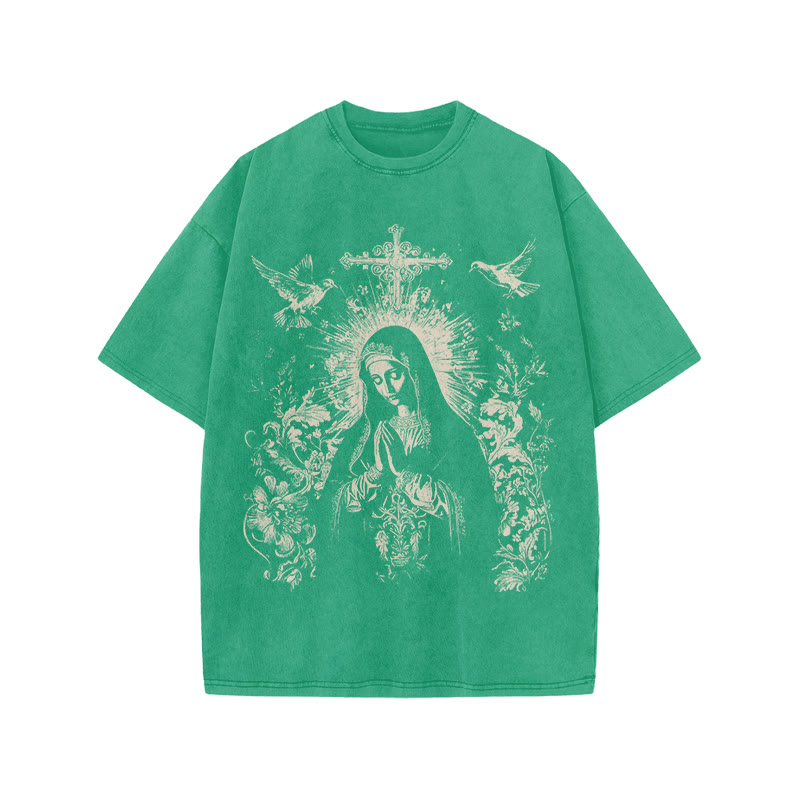 Unisex 100% Cotton Praying Virgin Mary Print Acid Washed T-shirt - Green - US20-22(3XL) - image 6