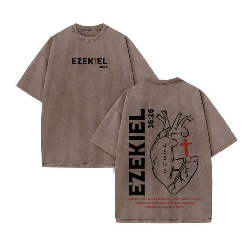 Unisex Ezekiel 36:26 Print Acid Washed T-shirt - Coffee - US20-22(3XL) - image 4